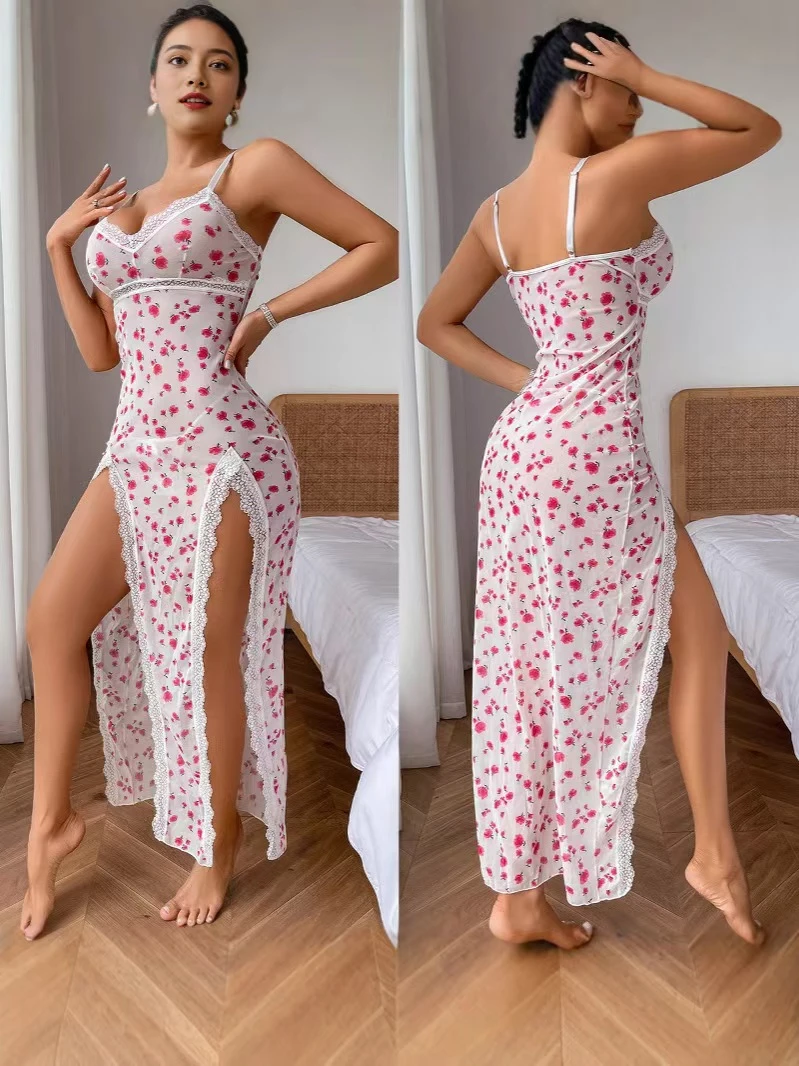 Women’s Lace Trim Long Night Dress – Floral & Leopard Print Slit Sleepwear